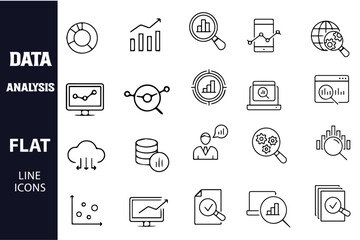 Data analysis line icons set. Analytics, server, mining, data filter, traffic, AI, hosting, monitoring. Statistics and analytics outline vector icons stock collection