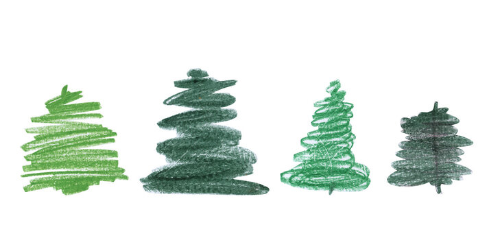 Watercolor set of Christmas trees graphic stylized green trees, green striped trees isolated on white background	