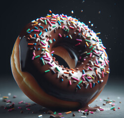 A chocolate covered donut with sprinkles on top of it, AI generated