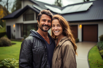 A happy couple stands smiling in the driveway of a large house with solar panels installed.
