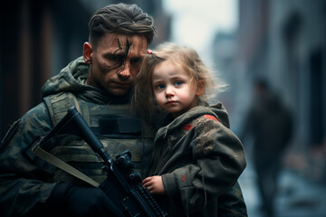 Fototapeta premium A soldier hugs a child. War in the modern world.