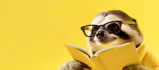 Sloth with glasses reading a book on a yellow background - obrazy, fototapety, plakaty