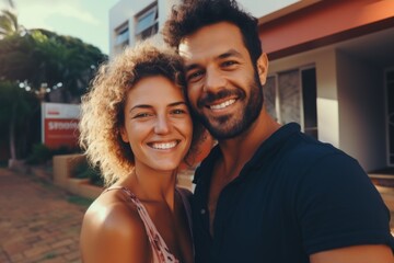 African American happy couple selfie man woman vacation joyful smiling positive walk feeling love laughter hugs romance together married enjoying two people family outside relationship happiness fun