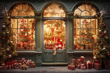 Stylish luxury vintage glass shop window decorated with Christmas lights, balls and gifts. Merry Christmas. Happy holidays - obrazy, fototapety, plakaty