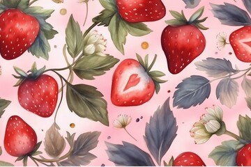 Watercolor seamless pattern with strawberry in heart shape. Background for Valentine's Day, love, or dessert. Generative AI