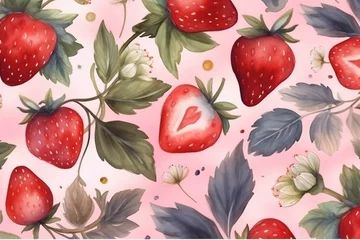Rolgordijnen Watercolor seamless pattern with strawberry in heart shape. Background for Valentine's Day, love, or dessert. Generative AI © Nova