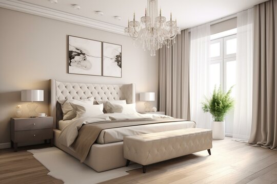 Stylish bedroom design with breakfast, featuring a luxurious beige color scheme. Generative AI