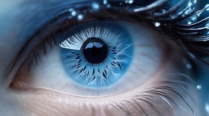 A stunningly detailed close-up of a woman's eye, the icy blue water in her iris glistens like frozen crystals.