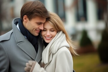 Happy romantic loving couple family guy girl hugging over house blurred background outside street buying selling real estate investing private property mortgage home rent apartment sale business owner