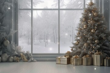 Amazing modern Christmas tree presents gifts boxes near large window snowing. Holidays New year Xmas eve winter cozy home decorated house stylish living room design festive event interior space text