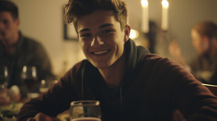 Young man enjoys a meal with friends, surrounded by wine glasses and cups, creating a positive and cheerful atmosphere.