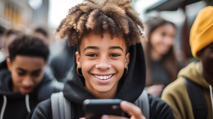 Young African American boy joyfully checking his smartphone or captures memories with a cell phone.friends or mates in the background, after school or start of school. minor, 14 or 15 years old