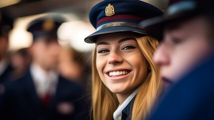Young blonde woman in blue hat smiling at lively gathering. military or service or militia or police officer or student at university, police school. fictional - obrazy, fototapety, plakaty