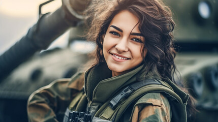 Young woman in military uniform posing confidently by tank. - obrazy, fototapety, plakaty