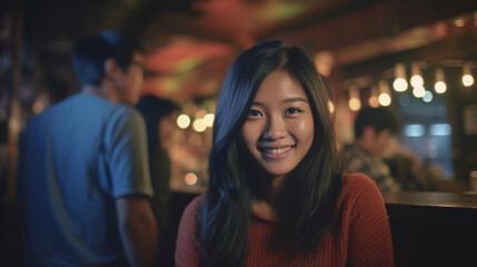 Young Asian woman beaming in a vibrant bar scene.