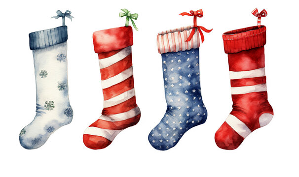 Set of traditional long Christmas striped stockings in watercolor. Blue and red Christmas stocking for gifts from Santa. Festive print.