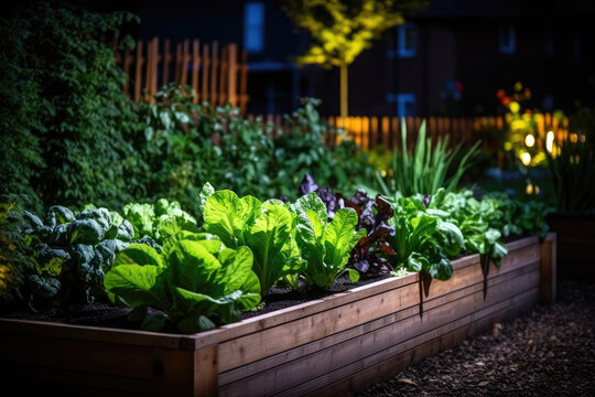 Urban community garden. Fresh vegetable seedlings grow in a raised bed, illuminated at night. Sustainable living lifestyle
