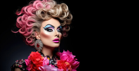 Drag queen person wearing heavy extravagant makeup. Proud expression. Wide banner with copy space on side. Generative AI
