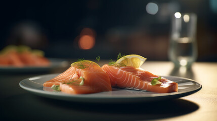 Filet de saumon cru dans une assiette avec rondelle de citron. Plat, nourriture, cuisine. Pour conception et création graphique. - obrazy, fototapety, plakaty
