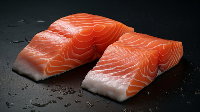 Filets de saumon cru sur une table, fond noir. Plat, nourriture, cuisine. Pour conception et création graphique.
