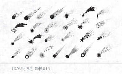 Collection of doodles with comets and shooting stars on old paper background