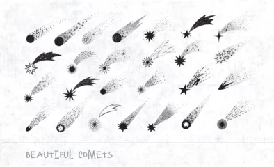 Foto op Canvas Collection of doodles with comets and shooting stars on old paper background © elinacious