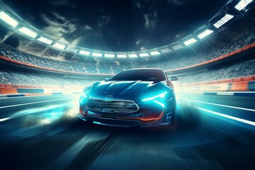 High-speed car speeding through stadium during competitive racing on indistinct backdrop. Generative AI