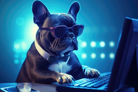 French bulldog at the computer. it. Programming.