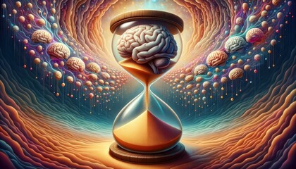 A surreal representation of an hourglass is illustrated, where the cascading sands metamorphose into minuscule digital brains, emphasizing the transient nature of time and the  evolution of AI - obrazy, fototapety, plakaty