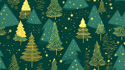 Christmas continuous pattern of golden Christmas trees on a green background. Christmas background for packaging and wallpaper.