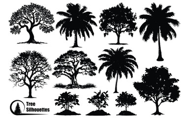 Different types of plant and tree silhouette vector