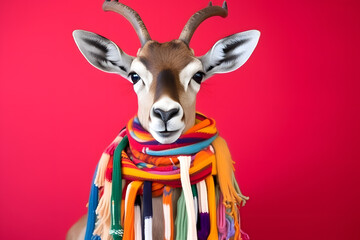 Studio portrait of an antelope, wearing knitted hat, scarf and mittens. Colorful winter and cold weather concept.
