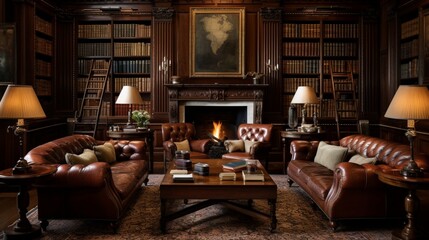 A classic, mahogany-paneled library with antique leather-bound books and cozy armchairs.