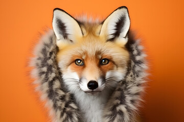 Fototapeta premium Studio portrait of a fox wearing knitted hat, scarf and mittens. Colorful winter and cold weather concept.