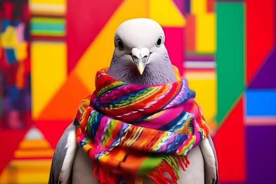 Studio portrait of a dove wearing knitted hat, scarf and mittens. Colorful winter and cold weather concept.