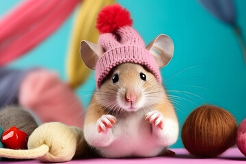 Studio portrait of a little mouse wearing knitted hat, scarf and mittens. Colorful winter and cold weather concept.