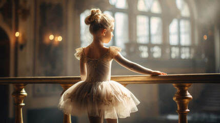little graceful girl ballerina in a tutu practices at a ballet school, dancer, child, kid, studio, dress, dance, rehearsal, theater, beautiful, bun hairstyle, delicate outfit, pink, portrait, face
