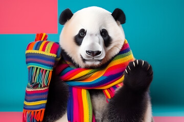 Studio portrait of a panda wearing knitted hat, scarf and mittens. Colorful winter and cold weather concept.