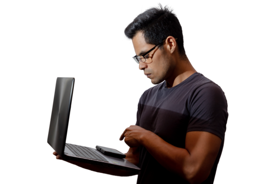 Young Latino with glasses and laptop, about to press a key, networking concept, programming, cybersecurity. Isolated.