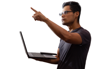 Young Latino with glasses and laptop, directing with hands, networking concept, programming, cyber security. Isolated.