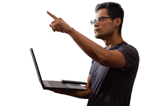 Young Latino with glasses and laptop, directing with hands, networking concept, programming, cyber security. Isolated.