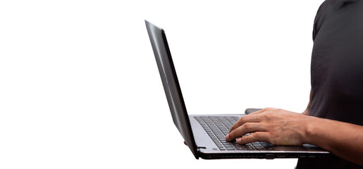 Hands holding a laptop and using the keyboard. Networking concept, programming, business, cybersecurity. Isolated.