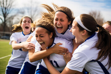 Group of young female soccer players celebrating victory - obrazy, fototapety, plakaty