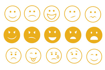 Emoticons icons set. Emoji faces collection. Emojis flat style. Happy happy, smile, neutral, sad and angry emoji. Line smiley face