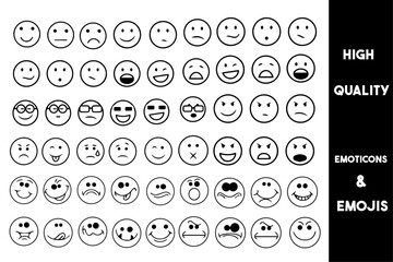 Emoticons set. Emoji faces collection. Emojis flat style. Happy and sad emoji. Line smiley face emoji, vector stock collection