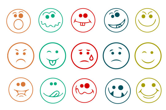 Emoticons icons set. Emoji faces collection. Emojis flat style. Happy happy, smile, neutral, sad and angry emoji. Line smiley face