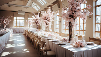 Wedding banquet hall decorated with pink cherry blossoms. 3d rendering. Luxury interior. Generative AI technology. - obrazy, fototapety, plakaty