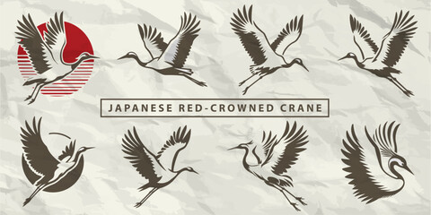 Collection of Silhouettes: Japanese Red-crowned Cranes - obrazy, fototapety, plakaty