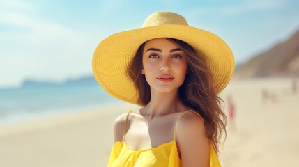 A beautiful attractive woman in a yellow dress and straw hat walks on the beach.