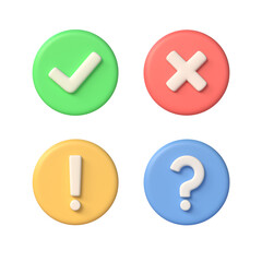 3D icons check mark, exclamation point, cross, question. minimalist style. 3d rendering